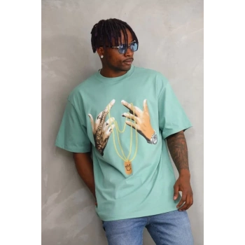MARSiLYAN- Unisex Baskılı Oversize T-Shirt - Mint Yeşili