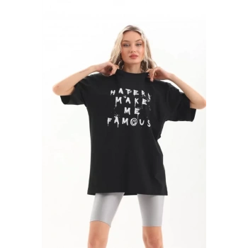 MARSiLYAN- Unisex Baskılı Oversize T-Shirt - Siyah