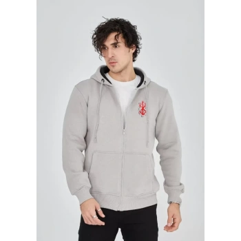 MARSiLYAN- Unisex Baskılı Tam Fermuarlı Kapşonlu SweatShirt - Boyalı Gri