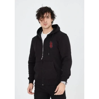 MARSiLYAN- Unisex Baskılı Tam Fermuarlı Kapşonlu SweatShirt - Siyah