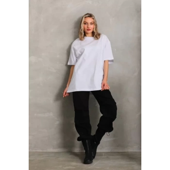 MARSiLYAN- Unisex Bisiklet Yaka 20/1 Düz Oversize T-Shirt - Beyaz