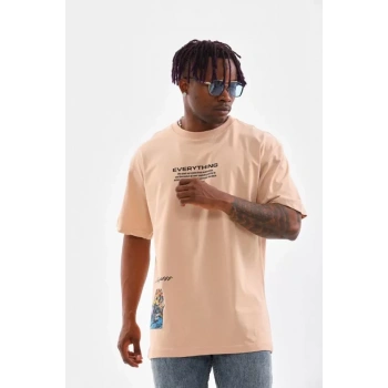 MARSiLYAN- Unisex Bisiklet Yaka Baskılı Oversize T-Shirt - Bej