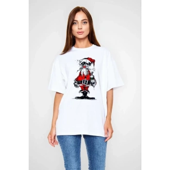 MARSiLYAN- Unisex Bisiklet Yaka Baskılı Oversize T-Shirt - Beyaz