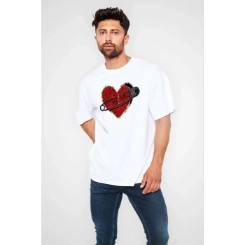 MARSiLYAN- Unisex Bisiklet Yaka Baskılı Oversize T-Shirt - Beyaz