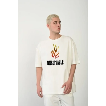 MARSiLYAN- Unisex Bisiklet Yaka Baskılı Oversize T-Shirt - Beyaz