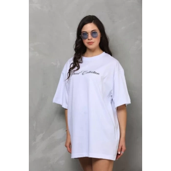 MARSiLYAN- Unisex Bisiklet Yaka Baskılı Oversize T-Shirt - Beyaz