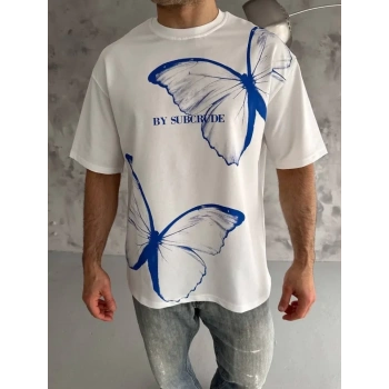 MARSiLYAN- Unisex Bisiklet Yaka Baskılı Oversize T-Shirt - Beyaz