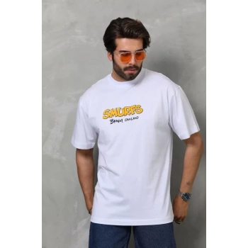 MARSiLYAN- Unisex Bisiklet Yaka Baskılı Oversize T-Shirt - Beyaz