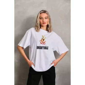 MARSiLYAN- Unisex Bisiklet Yaka Baskılı Oversize T-Shirt - Beyaz