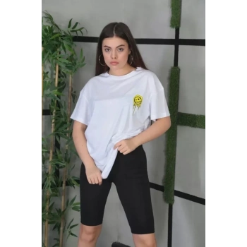 MARSiLYAN- Unisex Bisiklet Yaka Baskılı Oversize T-Shirt - Beyaz