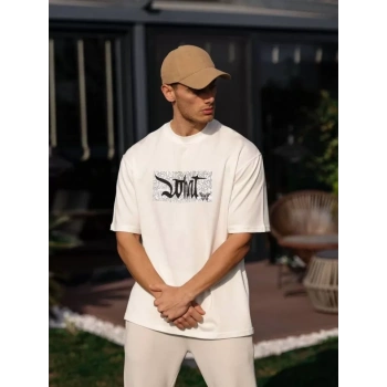 MARSiLYAN- Unisex Bisiklet Yaka Baskılı Oversize T-Shirt - Beyaz