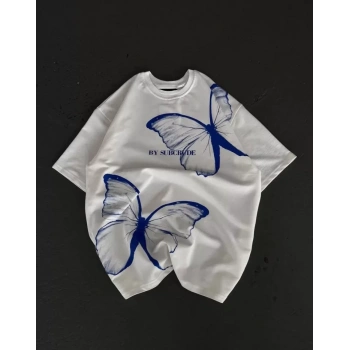 MARSiLYAN- Unisex Bisiklet Yaka Baskılı Oversize T-Shirt - Beyaz