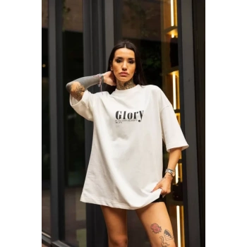 MARSiLYAN- Unisex Bisiklet Yaka Baskılı Oversize T-Shirt - Beyaz