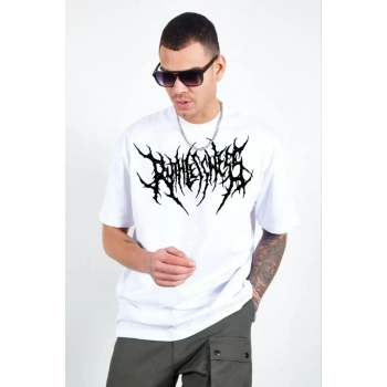 MARSiLYAN- Unisex Bisiklet Yaka Baskılı Oversize T-Shirt - Beyaz