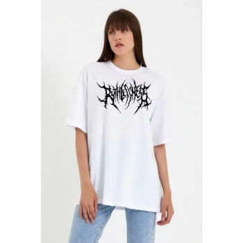 MARSiLYAN- Unisex Bisiklet Yaka Baskılı Oversize T-Shirt - Beyaz