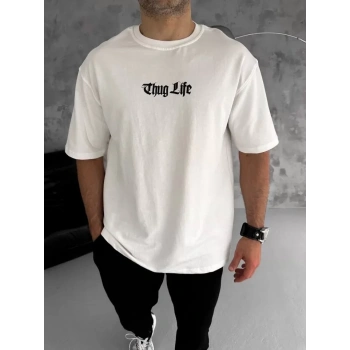 MARSiLYAN- Unisex Bisiklet Yaka Baskılı Oversize T-Shirt - Beyaz