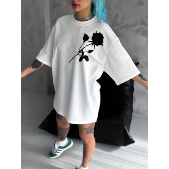 MARSiLYAN- Unisex Bisiklet Yaka Baskılı Oversize T-Shirt - Beyaz