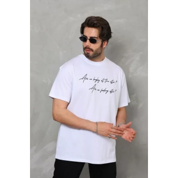 MARSiLYAN- Unisex Bisiklet Yaka Baskılı Oversize T-Shirt - Beyaz