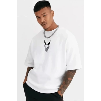 MARSiLYAN- Unisex Bisiklet Yaka Baskılı Oversize T-Shirt - Beyaz