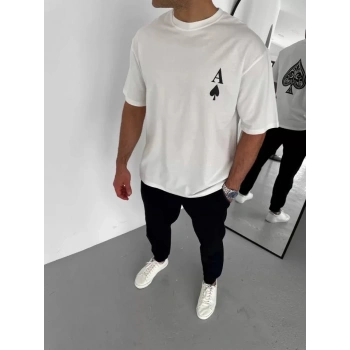 MARSiLYAN- Unisex Bisiklet Yaka Baskılı Oversize T-Shirt - Beyaz