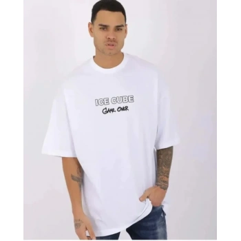 MARSiLYAN- Unisex Bisiklet Yaka Baskılı Oversize T-Shirt - Beyaz