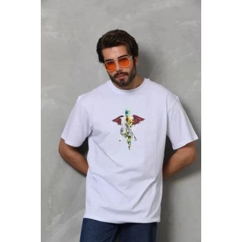 MARSiLYAN- Unisex Bisiklet Yaka Baskılı Oversize T-Shirt - Beyaz