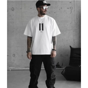 MARSiLYAN- Unisex Bisiklet Yaka Baskılı Oversize T-Shirt - Beyaz