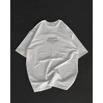 MARSiLYAN- Unisex Bisiklet Yaka Baskılı Oversize T-Shirt - Beyaz