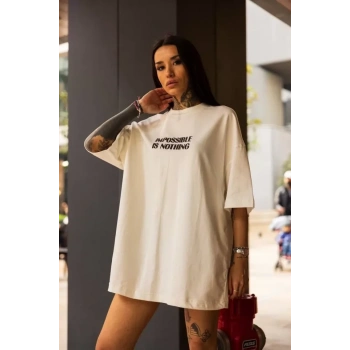 MARSiLYAN- Unisex Bisiklet Yaka Baskılı Oversize T-Shirt - Beyaz