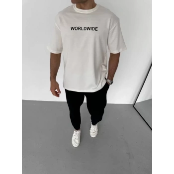 MARSiLYAN- Unisex Bisiklet Yaka Baskılı Oversize T-Shirt - Beyaz