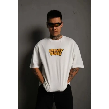MARSiLYAN- Unisex Bisiklet Yaka Baskılı Oversize T-Shirt - Beyaz