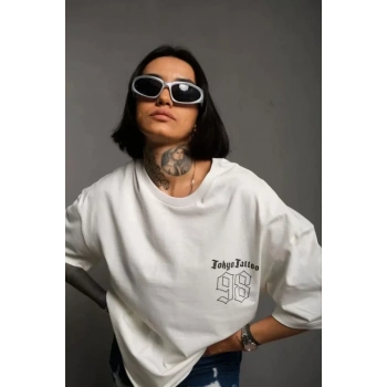 MARSiLYAN- Unisex Bisiklet Yaka Baskılı Oversize T-Shirt - Beyaz