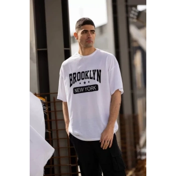 MARSiLYAN- Unisex Bisiklet Yaka Baskılı Oversize T-Shirt - Beyaz