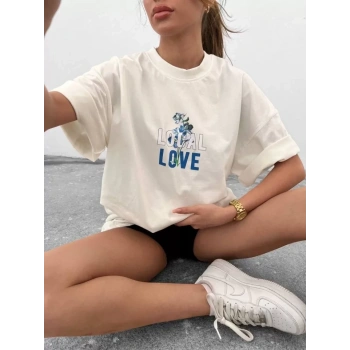 MARSiLYAN- Unisex Bisiklet Yaka Baskılı Oversize T-Shirt - Beyaz
