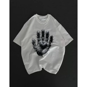 MARSiLYAN- Unisex Bisiklet Yaka Baskılı Oversize T-Shirt - Beyaz
