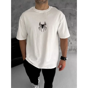MARSiLYAN- Unisex Bisiklet Yaka Baskılı Oversize T-Shirt - Beyaz