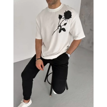 MARSiLYAN- Unisex Bisiklet Yaka Baskılı Oversize T-Shirt - Beyaz