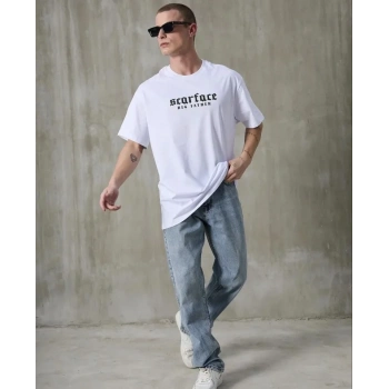 MARSiLYAN- Unisex Bisiklet Yaka Baskılı Oversize T-Shirt - Beyaz