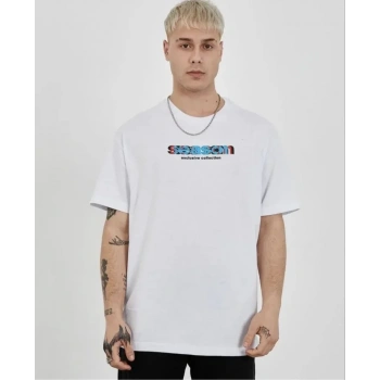 MARSiLYAN- Unisex Bisiklet Yaka Baskılı Oversize T-Shirt - Beyaz