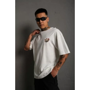 MARSiLYAN- Unisex Bisiklet Yaka Baskılı Oversize T-Shirt - Beyaz