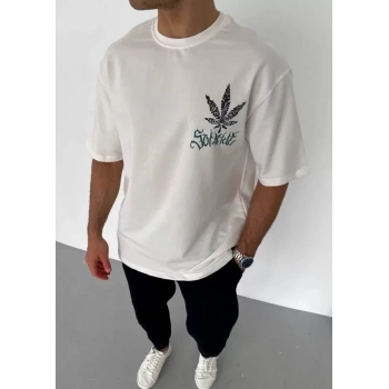 MARSiLYAN- Unisex Bisiklet Yaka Baskılı Oversize T-Shirt - Beyaz