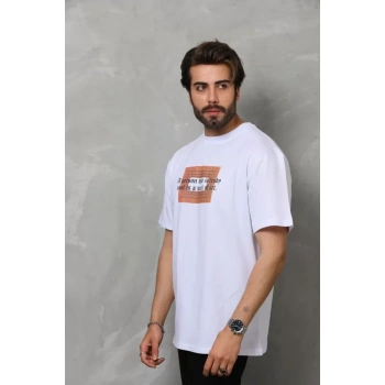 MARSiLYAN- Unisex Bisiklet Yaka Baskılı Oversize T-Shirt - Beyaz