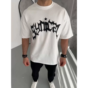 MARSiLYAN- Unisex Bisiklet Yaka Baskılı Oversize T-Shirt - Beyaz
