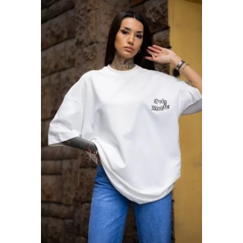 MARSiLYAN- Unisex Bisiklet Yaka Baskılı Oversize T-Shirt - Beyaz