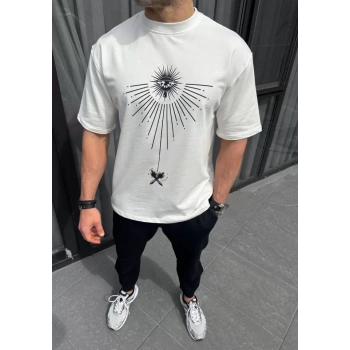 MARSiLYAN- Unisex Bisiklet Yaka Baskılı Oversize T-Shirt - Beyaz