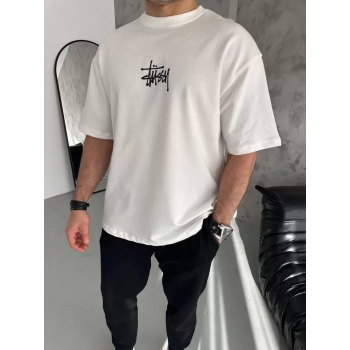MARSiLYAN- Unisex Bisiklet Yaka Baskılı Oversize T-Shirt - Beyaz