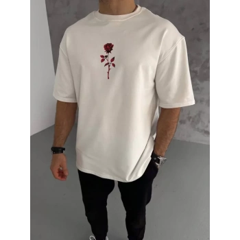 MARSiLYAN- Unisex Bisiklet Yaka Baskılı Oversize T-Shirt - Beyaz