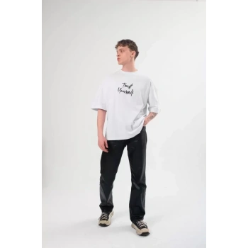 MARSiLYAN- Unisex Bisiklet Yaka Baskılı Oversize T-Shirt - Beyaz