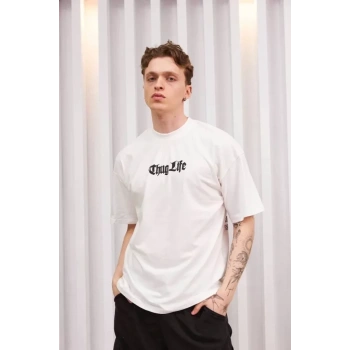 MARSiLYAN- Unisex Bisiklet Yaka Baskılı Oversize T-Shirt - Beyaz