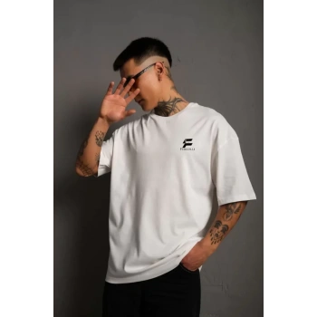 MARSiLYAN- Unisex Bisiklet Yaka Baskılı Oversize T-Shirt - Beyaz